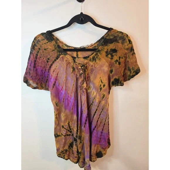 Boho Tie Dye Peasant Top Womens Medium Embroidered Lace Up Festival Hippie... - Picture 1 of 9